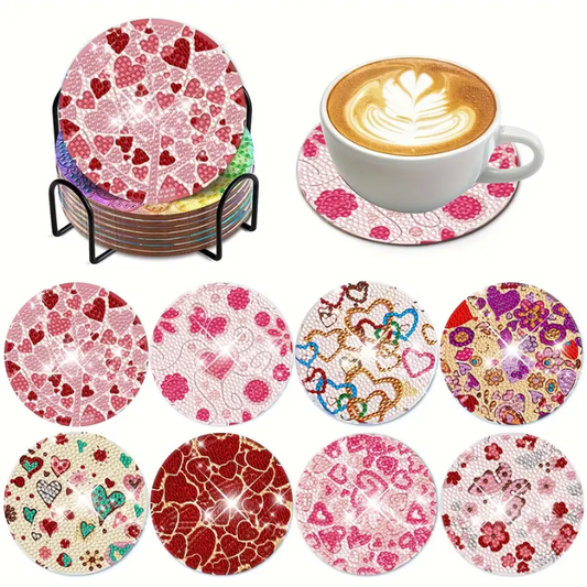 Set 6 Cup Coaster Kit 8 Coasters Heart Designs