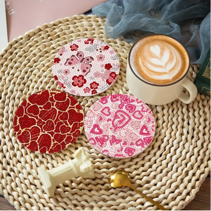 Set 6 Cup Coaster Kit 8 Coasters Heart Designs