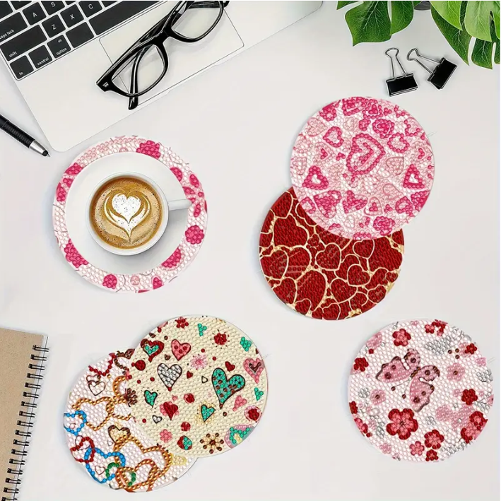 Set 6 Cup Coaster Kit 8 Coasters Heart Designs