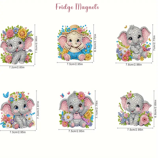 Set 12 Fridge Magnets 6 Cute Elephant Designs