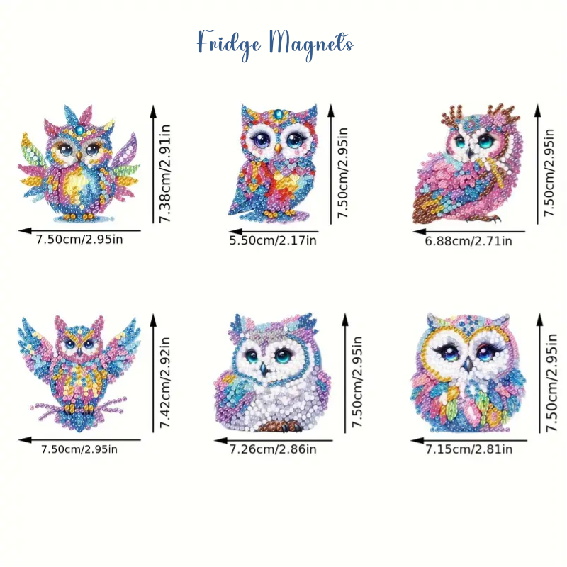 Set 13 Fridge Magnets 6 Cute Owl Designs