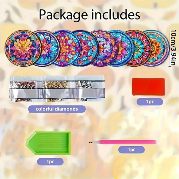 Set 9Cup Coaster Kit 8 Central Flower Design