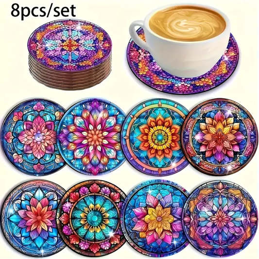 Set 9Cup Coaster Kit 8 Central Flower Design