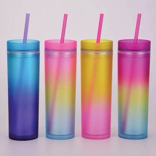 Wholesale Rainbow Colour Double Tumblers Skinny Matte Reusable  473ml /16oz Plastic Tumbler With Straw