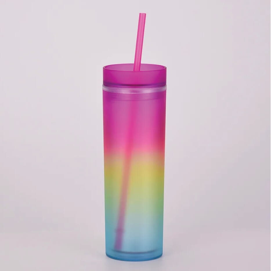 Wholesale Rainbow Colour Double Tumblers Skinny Matte Reusable  473ml /16oz Plastic Tumbler With Straw