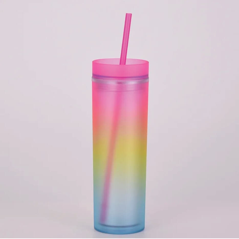 Wholesale Rainbow Colour Double Tumblers Skinny Matte Reusable  473ml /16oz Plastic Tumbler With Straw