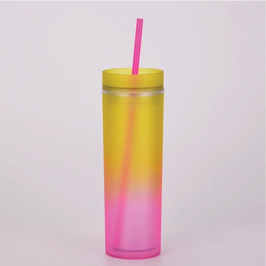 Wholesale Rainbow Colour Double Tumblers Skinny Matte Reusable  473ml /16oz Plastic Tumbler With Straw