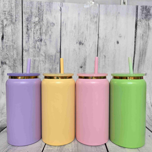 16oz Gold Underneath Laser Plated Beer Can Vacuum Stainless Steel Can Cups For Laser Engrave with PP lid